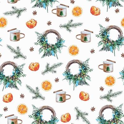 Seamless Christmas pattern watercolor holiday background with mandarins, wreathes, evergreen tree for giftpaper, textile, greeting cards, decorations