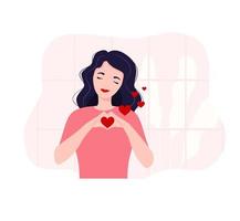 Self love concept. The girl holds a heart in her hands. flat vector. vector