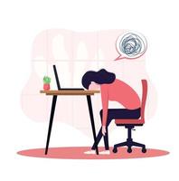 professional burnout syndrome. Tired girl sits bored with his head down on the laptop. Frustrated worker mental health problems. Vector long work day illustration