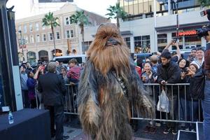 Los Ángeles, 17 de diciembre - Chewbacca en los fanáticos australianos de Star Wars se casan en una boda con el tema de Star Wars en el teatro chino TCL el 17 de diciembre de 2015 en Los Ángeles, CA. foto