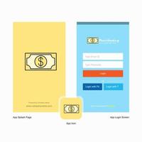 Company Dollar Splash Screen and Login Page design with Logo template Mobile Online Business Template vector