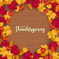 Happy Thanksgiving illustration with scattered autumn leaves on wood background vector