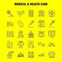 icono de línea de atención médica y de salud para impresión web y kit de uxui móvil, como monitor médico, latido del corazón, píldoras de medicina médica, tableta, paquete de pictogramas, vector