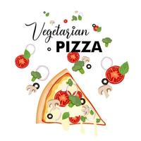 pizza con tomate, brócoli, albahaca, aceitunas negras, champiñones y queso mozzarella. rebanada de pizza vegetariana. pizza caliente con verduras aislado sobre fondo blanco. ilustración vectorial plana vector