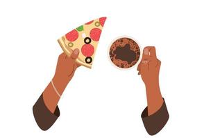 An African Woman holds a cup of coffee and triangle salami pizza slice in hands. Italian fast food pizza with salami. Pizzeria lunch. Vector illustration isolated on the white back