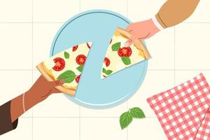 Triangle pizza pieces in hands. Two slices of Margarita pizza on a blue plate and a red checkered napkin. Italian Cooking. Stove .Taking traditional Italian fast food snack. Flat vector illustration