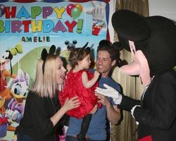 LOS ANGELES, DEC 4 - Adrienne Frantz Bailey, Amelie Bailey, Scott Bailey, Mickey Mouse character at the Amelie Bailey s 1st Birthday Party at Private Residence on December 4, 2016 in Studio CIty, CA photo