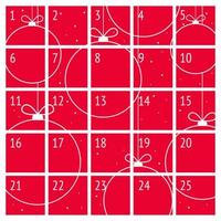 calendario de adviento de navidad en estilo minimalista con adornos de bolas de navidad sobre fondo rojo. calendario de adviento con sorpresas para que los niños cuenten los días hasta las vacaciones de invierno. ilustración vectorial vector