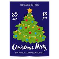 Invitation for Christmas party to celebrate the Christmas Eve. Christmas party invitation card with decorated Christmas tree on blue background. Vector illustration in flat style. Ready to print.