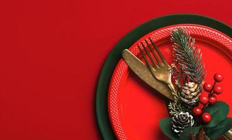 Christmas dinner concept. Vintage old cutlery and christmas ornament with space for text. Christmas concept background photo