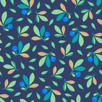 Blueberry branches and leaves on navy blue background scattered seamless pattern. vector