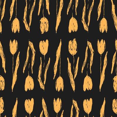 Yellow tulip flowers brush textured on dark background. Floral seamless pattern for fabric cover background. vector graphic