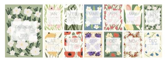 Floral calendar template for 2023. Vertical design with bright colorful flowers and leaves. Editable illustration page template A4, A3, set of 12 months with cover. Vector mesh. Week starts on Sunday.