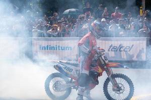 GUADALAJARA, MEXICO - OCTOBER 25 2022 Showrun Aaron Colton, Didier Goirand and ivan Ramirez riding motorcycles photo