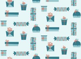 Seamless pattern with blue gift boxes. Christmas texture in flat style. vector