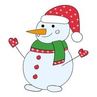 Cute cartoon snowman in Santa's red hat. Vector illustration.