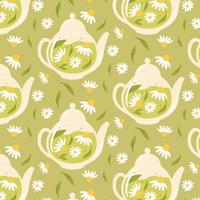 Seamless pattern with chamomile tea. Pattern with teapot, daisy flowers and leaves. Vector illustration. Flat style.