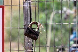 A rusty padlock hangs on a closed gate. photo