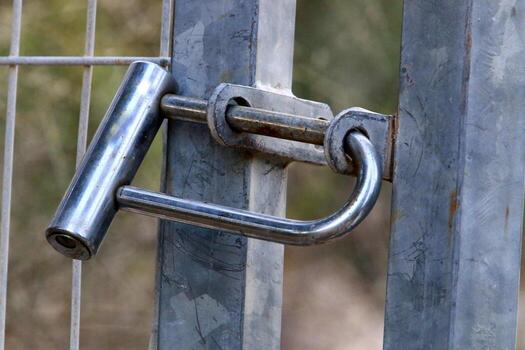 A rusty padlock hangs on a closed gate. photo
