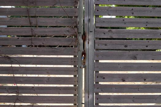 A rusty padlock hangs on a closed gate. photo