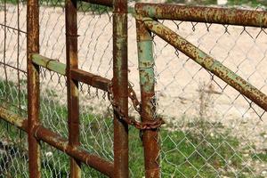 A rusty padlock hangs on a closed gate. photo