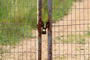 A rusty padlock hangs on a closed gate. photo