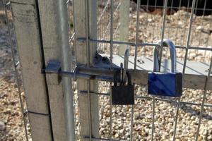 A rusty padlock hangs on a closed gate. photo