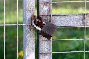 A rusty padlock hangs on a closed gate. photo