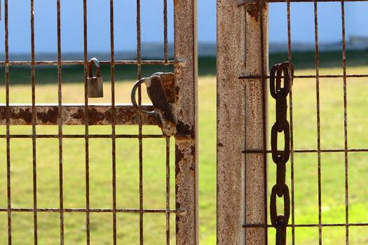 A rusty padlock hangs on a closed gate. photo