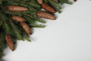 Holidays greeting card or banner composition with pine tree branches. Merry Christmas background and Happy New Year 2023. photo