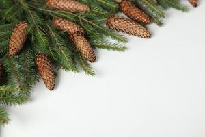 Holidays greeting card or banner composition with pine tree branches. Merry Christmas background and Happy New Year 2023. photo