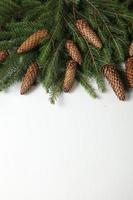 Holidays greeting card or banner composition with pine tree branches. Merry Christmas background and Happy New Year 2023. photo