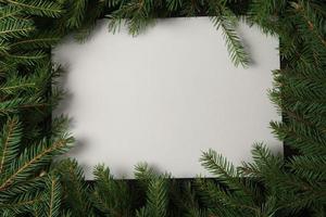 Holidays greeting card or banner composition with pine tree branches. Merry Christmas background and Happy New Year 2023. photo