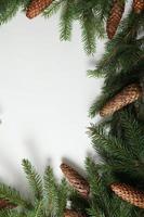 Holidays greeting card or banner composition with pine tree branches. Merry Christmas background and Happy New Year 2023. photo