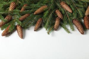 Holidays greeting card or banner composition with pine tree branches. Merry Christmas background and Happy New Year 2023. photo