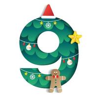 9 numérico número alfabeto lindo feliz navidad concepto pan de jengibre galletas estrella navidad sombrero carácter fuente carta árbol de navidad elemento dibujos animados verde 3d papel capa recorte tarjeta vector ilustración