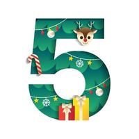 5 Numeric Number Alphabet Cute Merry Christmas Concept Reindeer Candy Cane Gift Box Christmas Tree Character Font Letter Christmas Element Cartoon Green 3D Paper Layer Cutout Card Vector Illustration