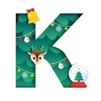 letra k alfabeto fuente lindo feliz navidad concepto reno campana globo de nieve árbol de navidad fuente de carácter elemento de navidad dibujos animados verde 3d papel capa recorte tarjeta vector ilustración