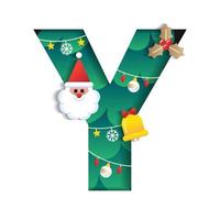 Letter Y Alphabet Font Cute Merry Christmas Concept Bell Mistletoe Santa Claus Christmas Tree Character Font Christmas Element Cartoon Green 3D Paper Layer Cutout Card Vector Illustration