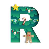 Letter R Alphabet Font Cute Merry Christmas Concept Star Candy Cane Gingerbread Man Christmas Tree Character Font Christmas Element Cartoon Green 3D Paper Layer Cutout Card Vector Illustration