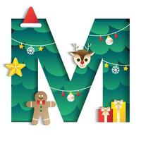 Letter M Alphabet Font Cute Merry Christmas Concept Reindeer Star Gift Gingerbread Man Christmas Tree Character Font Christmas Hat Element Cartoon Green 3D Paper Layer Cutout Card Vector Illustration