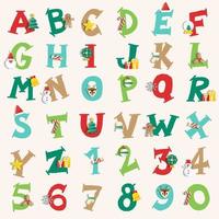 Cute Merry Christmas Holiday Party Alphabet Number Numeral font Letter design hand draw cartoon Christmas Celebration elements Snowman Christmas Tree children kids vector illustration for Decoration