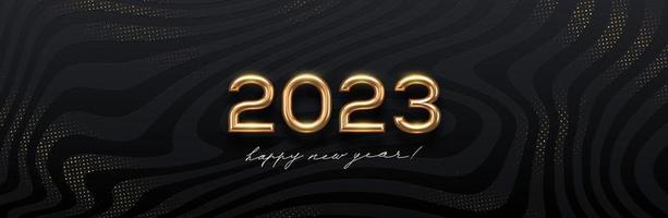 2023 new year golden logo on abstract black waves background. Greeting design with realistic gold metal number of year. Design for greeting card, invitation, calendar, etc. Vector illustration.