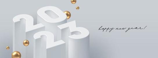 2023 new year greeting card with 3d realistic render number of the year with golden sphere. Vector illustration.