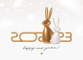 Ilustración de año nuevo 2023 con logo dorado 3d realista y conejo sobre un fondo blanco con copos de nieve. diseño para tarjetas de felicitación, invitación, calendario, etc. vector