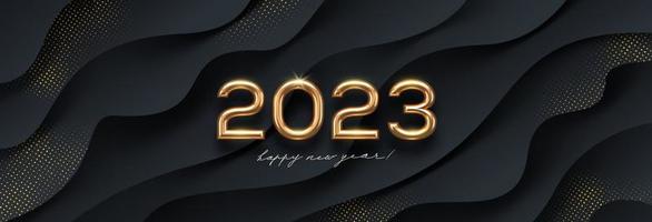 Logotipo dorado de año nuevo 2023 sobre fondo abstracto de ondas negras. diseño de saludo con un número realista de metal dorado del año. diseño para tarjetas de felicitación, invitación, calendario, etc. vector