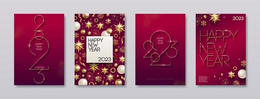 Set of greeting card with golden 2023 New Year logo. New year golden sign, Background with Christmas decorations. Vector illustration. Holiday design for greeting card, invitation, cover, calendar.