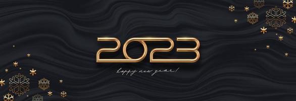 2023 new year greeting card with golden number of year and snowflakes on a black waves abstract background. Design for  invitation, calendar, greeting card, etc. vector