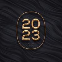 Logotipo dorado de año nuevo 2023 sobre fondo abstracto de ondas negras. diseño de saludo con un número realista de metal dorado del año. diseño para tarjetas de felicitación, invitación, calendario, etc. vector