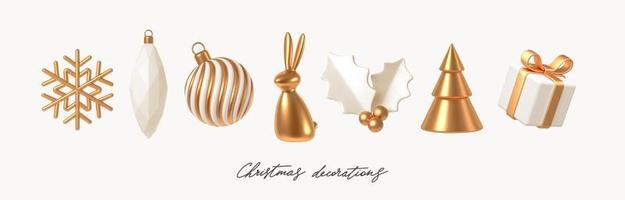 Set of white and gold realistic Christmas decorations. 3d render vector illustration. Design elements for greeting card or invitation.